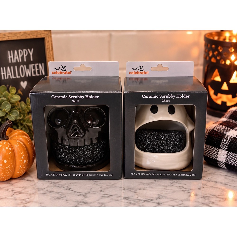Celebrate It Halloween Ghost Skull Ceramic Scrubby Holders Spooky Goth Decor NIB